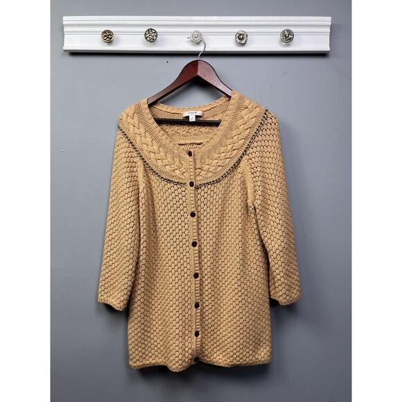 Liz Claiborne Womens Cardigan Sweater Large Tan Long Sleeve Button Front Chain - Picture 1 of 7